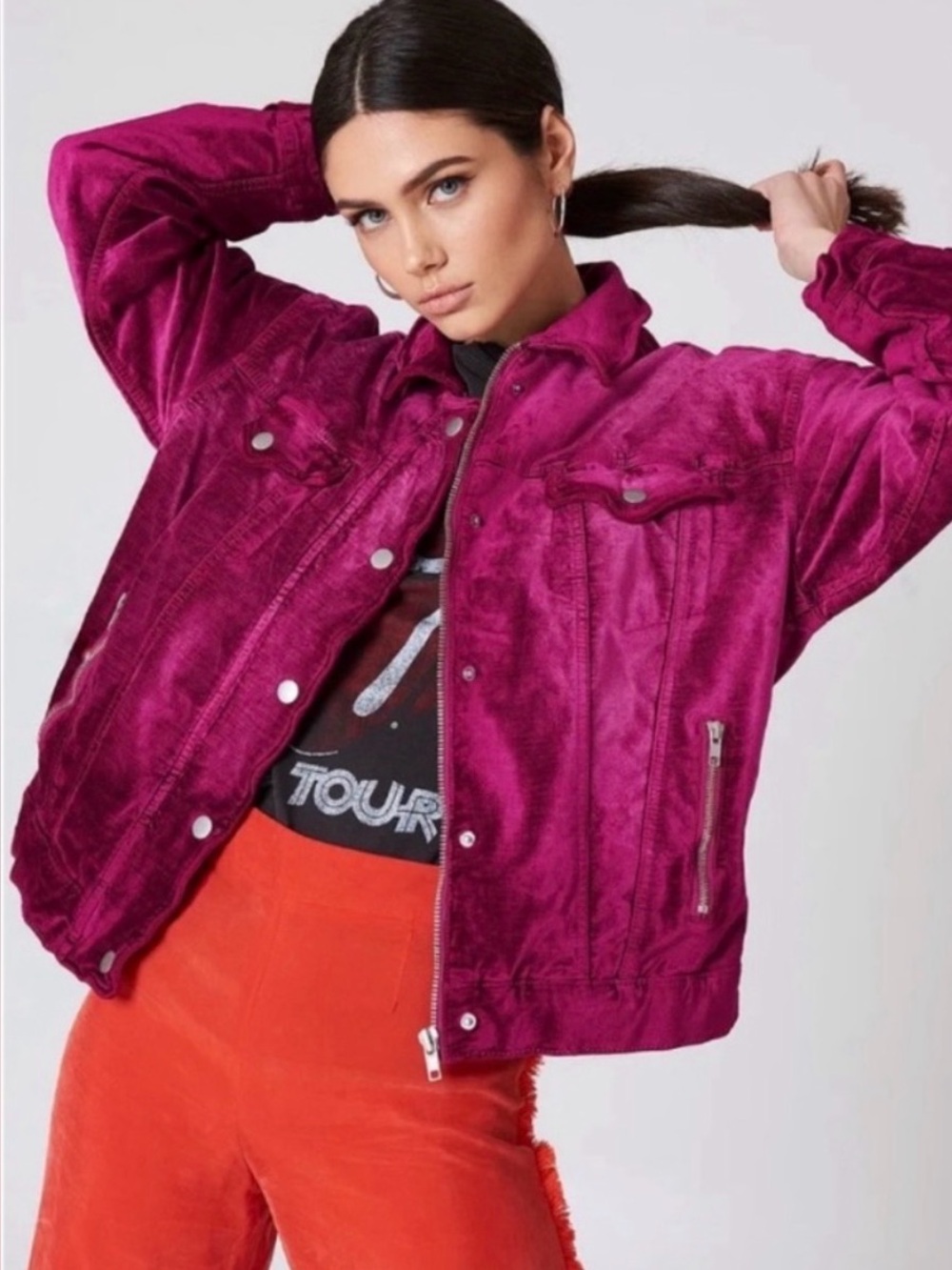 Free People Magenta Pink Velvet Trucker Jacket M/L Red Oversized Bomber Moto Y2K